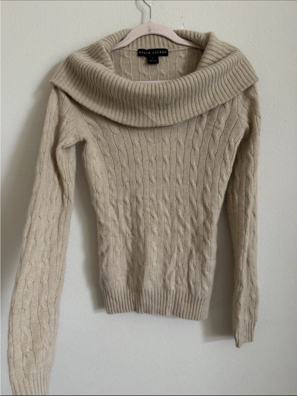 Ralph Lauren Cashmere Cableknit Tan Off Shoulder Black Label Sweater Size L